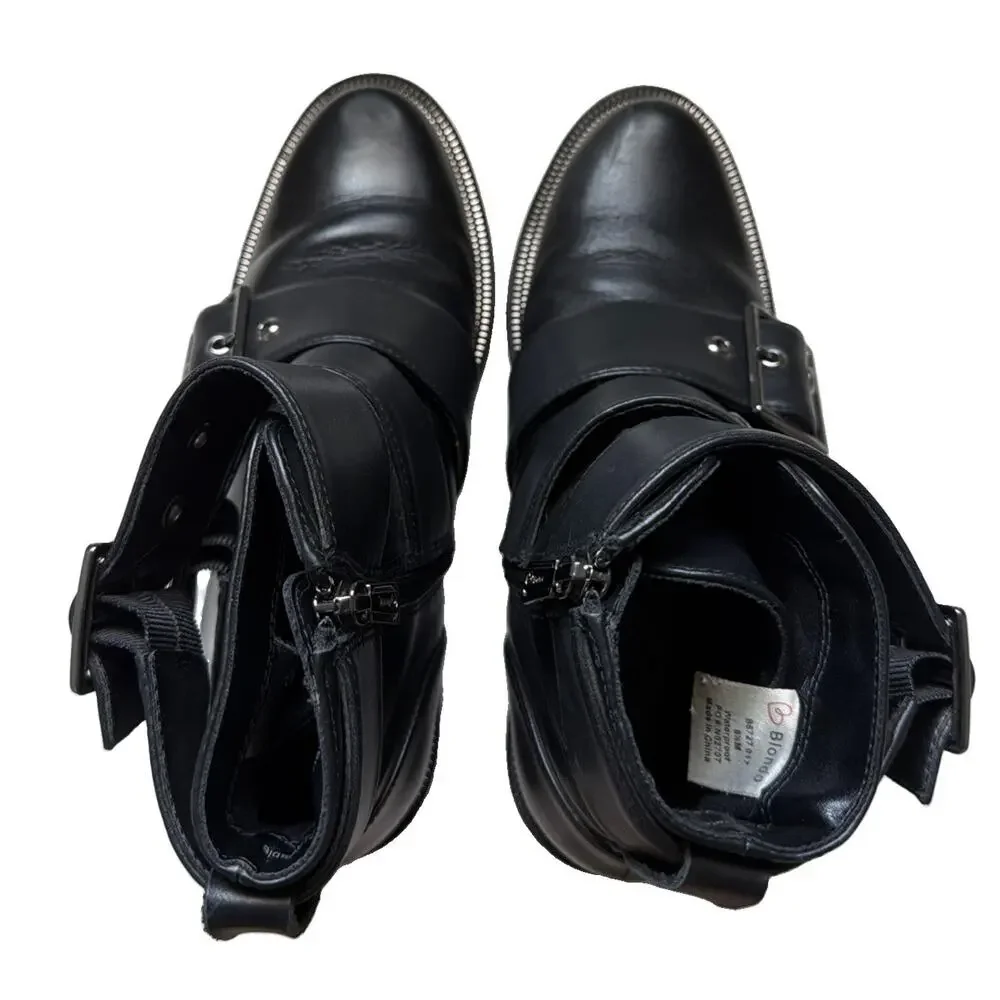 Blondo Camila Moto Biker Leather Booties Womens 6.5 Black Waterproof Side Zip